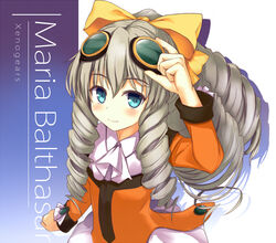  adjusting_goggles blue_eyes bow brown_hair character_name commentary_request copyright_name female fuji_kakei goggles goggles_on_head hairbow high_ponytail long_hair looking_at_viewer maria_balthasar orange_shirt ponytail ringlets shirt skirt smile solo upper_body white_skirt wide_ponytail xenogears yellow_bow 