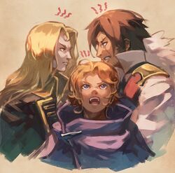  2boys alucard_(castlevania) blonde_hair blue_eyes blue_hair brown_hair castlevania_(netflix) castlevania_(series) castlevania_iii:_dracula&#039;s_curse coat commentary_request confrontation female garmmy gloves long_hair multiple_boys open_mouth scar simple_background smile sypha_belnades trevor_c._belmont weapon white_hair 