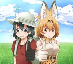  2girls animal_ears as_long_as_they&#039;re_happy_(meme) backpack bag belt black_eyes black_gloves black_hair blush bow bowtie breasts closed_mouth collarbone commentary_request elbow_gloves gloves hat helmet highres kaban_(kemono_friends) kemono_friends large_breasts looking_at_viewer meme multiple_girls orange_bow orange_bowtie orange_eyes orange_hair orange_skirt outdoors parted_lips pith_helmet print_bow print_bowtie red_shirt saibara_(flash-dyna-1994) serval_(kemono_friends) shirt short_hair skirt smile thumbs_up two-tone_bowtie white_bow white_bowtie white_gloves 