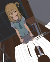  2girls :s aqua_neckerchief blonde_hair blush braid clenched_hands closed_mouth collarbone commentary_request crown_braid desk dutch_angle eyebrows female_pov floor frown full_body green_eyes grey_sailor_collar grey_skirt hair_between_eyes hair_rings highres indoors lapel_pin light long_hair looking_at_another love_live! love_live!_sunshine!! matsuura_kanan messy_hair mocha_(snowflake) multiple_girls neckerchief no_nose no_shoes ohara_mari photoshop_(medium) pleated_skirt pov puffy_short_sleeves puffy_sleeves sailor_collar school_desk school_uniform serafuku shadow short_sleeves skirt sleeve_cuffs sliding_doors socks standing uranohoshi_school_uniform v-shaped_eyebrows wavy_hair wet wet_clothes wet_hair wet_legwear wet_socks white_legwear whiteboard wooden_floor 