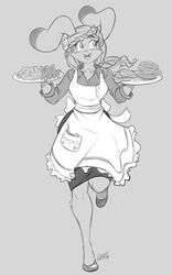  5:8 anthro apron breasts chalo clothed clothing eyebrows eyelashes eyewear female food fur glasses grey_background hair hi_res lagomorph las_lindas leporid long_hair mammal monochrome one_leg_up open_mouth rabbit raised_leg signature simple_background smile solo taffy_(las_lindas) 