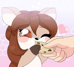  2016 alfa995 brown_eyes brown_hair chibi cookie deer digital_media_(artwork) doe_(alfa995) duo female food hair heart_eyes heart_symbol humor long_hair mammal one_eye_closed pun solo_focus visual_pun 