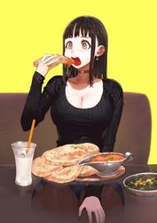  :o black_hair black_sweater blunt_bangs breasts brown_eyes brown_pantyhose choker cleavage commentary_request cup curry drinking_glass drinking_straw earrings female food gravy_boat highres jewelry jun_(navigavi) large_breasts long_hair naan_bread open_mouth original pantyhose ribbed_sweater round_teeth scoop_neck shorts sidelocks simple_background sitting sleeves_past_wrists solo sweat sweater table teeth thighs x-ray yellow_background 