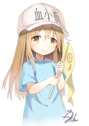  aliter blue_shirt blush brown_eyes character_name closed_mouth clothes_writing commentary female flag flat_cap grey_hat hat hataraku_saibou highres holding holding_flag light_brown_hair long_hair looking_at_viewer platelet_(hataraku_saibou) shirt short_sleeves signature simple_background smile solo upper_body white_background 