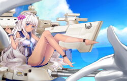  :o absurdres ankleband anklet bare_legs bare_shoulders barefoot blue_eyes blue_panties blush choker cloud commentary_request day female finger_frame flower gloves hair_flower hair_ornament hands highres jewelry legs_up lens_flare long_hair looking_at_viewer military military_vehicle ocean panties pantyshot ship sitting sky solo south_dakota_(warship_girls_r) tan tattoo underwear very_long_hair victorvw warship warship_girls_r watercraft wavy_hair white_gloves white_hair wristband 