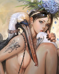  absurdres animal bird black_nails blue_eyes breast_press breasts brown_hair chains collar collarbone commentary_request female from_side head_wreath highres long_hair medium_breasts nail_polish original parted_lips petals photoshop_(medium) realistic shaonav sitting tattoo topless 