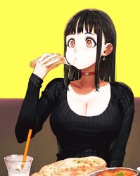  black_hair black_sweater blunt_bangs blush breasts brown_eyes cheese_trail choker cleavage commentary_request cup curry drinking_glass drinking_straw earrings eyelashes female food food_in_mouth gravy_boat highres jewelry jun_(navigavi) large_breasts long_hair naan_bread original plate ribbed_sweater scoop_neck sidelocks simple_background sleeves_past_wrists solo sweater yellow_background 