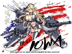  american_flag blonde_hair blue_eyes breasts cannon commentary_request compass_rose cowboy_shot elbow_gloves english_text female fingerless_gloves front-tie_top garter_straps gloves headgear huge_breasts iowa_(kancolle) kantai_collection long_hair machinery miniskirt ms06s photoshop_(medium) salute skirt solo star-shaped_pupils star_(symbol) striped_clothes striped_thighhighs symbol-shaped_pupils thighhighs vertical-striped_clothes vertical-striped_thighhighs zettai_ryouiki 