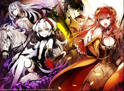  1boy 4girls arm_strap ascot bags_under_eyes banner barbatos_(dungeon_defense) beret black_dress black_hair black_nails blonde_hair braid breasts brown_eyes cape cleavage cloud cloudy_sky coat cocorip commentary_request copyright_name copyright_notice dantalian_(dungeon_defense) day detached_sleeves dress dress_shirt dungeon_defense elizabeth_von_habsburg_(dungeon_defense) evil_smile expressionless flag folding_fan french_braid fur-trimmed_cape fur-trimmed_dress fur_trim gesugao hand_fan hat holding holding_fan holding_scythe horns horse horseback_riding jitome knee_up large_breasts laura_de_farnese_(dungeon_defense) light_purple_hair long_hair looking_at_viewer looking_away multiple_girls nail_polish navel night official_art open_mouth paimon_(dungeon_defense) pale_skin parted_lips photoshop_(medium) purple_eyes red_eyes red_hair red_nails riding scythe shaded_face shirt short_hair sidelocks single_horn sitting skindentation skull sky small_breasts smile smirk stomach tassel thigh_strap thighs tsurime very_long_hair white_hair white_horse wide_sleeves yellow_eyes 