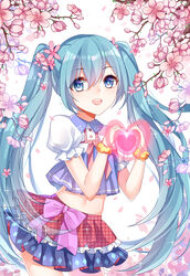  absurdres aqua_hair bad_id bad_pixiv_id blue_eyes cherry_blossoms chuor_(chuochuoi) female hatsune_miku heart highres long_hair midriff open_mouth photoshop_(medium) skirt solo twintails very_long_hair vocaloid 