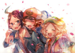  2boys :d ahoge arm_around_shoulder arm_holding baseball_cap bel_(pokemon) beret blonde_hair blue_eyes blue_jacket blush breasts cheren_(pokemon) closed_eyes commentary_request dress facing_viewer glasses green_hat hat jacket looking_at_another multiple_boys naru_(andante) open_mouth petals pokemon pokemon_(game) pokemon_bw red_hat short_hair sideways_glance simple_background smile touya_(pokemon) wristband 