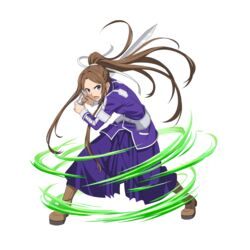  bad_id blue_eyes boots brown_footwear brown_hair female floating_hair full_body hair_ribbon high_ponytail highres holding holding_sword holding_weapon jacket long_hair long_skirt long_sleeves looking_at_viewer open_mouth pleated_skirt purple_jacket purple_skirt ribbon skirt solo sortiliena_serlut standing sword sword_art_online transparent_background uniform very_long_hair weapon white_ribbon 