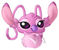  2013 alien angel_(lilo_and_stitch) antennae_(anatomy) chest_markings digital_media_(artwork) digital_painting_(artwork) disney experiment_(lilo_and_stitch) eyelashes female fluffy fur head_tuft headshot_portrait lilo_and_stitch looking_at_viewer markings metallicumbrage pink_body pink_fur portrait purple_eyes purple_nose signature simple_background solo speedpaint tuft white_background 