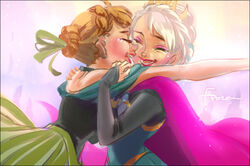  2girls anna_(frozen) bare_arms bare_shoulders brown_hair cape choker clothes_lift commentary_request copyright_name crown crying dress elsa_(frozen) english_commentary eyeshadow frozen_(disney) green_ribbons happy_tears hug incoming_hug lipstick long_sleeves makeup masso mixed-language_commentary multiple_girls open_mouth red_lips ribbon ribbon_hair siblings sisters sleeveless sleeveless_dress tears tied_hair white_hair 