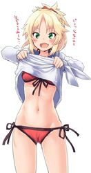  bikini bikini_under_clothes blonde_hair braid cameltoe clothes_lift commentary_request cowboy_shot fate/apocrypha fate/grand_order fate_(series) female front-tie_top green_eyes hair_ornament hair_scrunchie half_up_braid looking_at_viewer lowleg lowleg_bikini mordred_(fate) mordred_(swimsuit_rider)_(fate) mordred_(swimsuit_rider)_(second_ascension)_(fate) mozu_(peth) navel oerba_yun_fang ponytail red_bikini red_scrunchie scrunchie shirt shirt_lift short_hair side-tie_bikini_bottom simple_background solo swimsuit they&#039;re_not_panties translated undressing white_background white_shirt 