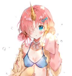  :o b_rock bad_id bad_pixiv_id bikini blue_bikini blue_eyes blush breasts choker cleavage commentary_request fate/grand_order fate_(series) female frankenstein&#039;s_monster_(fate) frankenstein&#039;s_monster_(swimsuit_saber)_(fate) frankenstein&#039;s_monster_(swimsuit_saber)_(first_ascension)_(fate) hair_ornament hair_over_one_eye horns looking_at_viewer mechanical_horns parted_lips pink_hair ribbon ribbon_choker short_twintails simple_background single_horn sleeves_past_wrists small_breasts solo swimsuit tareme twintails upper_body water_drop white_background white_choker white_ribbon 