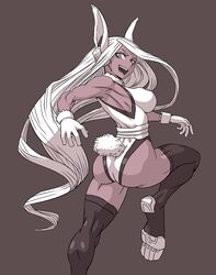  animal_ears armpits ass bare_shoulders boku_no_hero_academia breasts commentary dark-skinned_female dark_skin female gloves grey_background highleg highleg_leotard highres large_breasts leg_up leotard long_hair looking_at_viewer looking_back mirko monochrome muscular muscular_female nonneim open_mouth rabbit_ears rabbit_girl rabbit_tail sepia simple_background smile solo tail thighhighs very_long_hair 