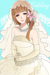  alternate_hairstyle bare_shoulders blunt_bangs bridal_veil brown_eyes brown_hair collarbone commentary_request dress elbow_gloves female flower frills fysr gloves hair_flower hair_ornament jewelry lily_(flower) looking_at_viewer low_ponytail necklace own_hands_together pink_flower rose smile solo strapless strapless_dress umineko_no_naku_koro_ni ushiromiya_rosa veil wedding_dress white_flower white_gloves white_rose 