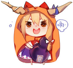  brown_eyes buck_teeth chibi chinese_commentary commentary_request female gourd hamster_costume himouto!_umaru-chan horns hug_(yourhug) ibuki_suika komaru_(himouto!_umaru-chan) looking_at_viewer open_mouth orange_hair photoshop_(medium) solo tears teeth touhou translated 