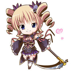  :d black_sleeves blonde_hair blue_eyes breasts chibi cleavage cleavage_cutout clothing_cutout commentary_request detached_sleeves drill_hair female frilled_skirt frilled_sleeves frills full_body hair_ornament heart highres holding holding_weapon koihime_musou long_hair looking_at_viewer medium_breasts neck_ribbon nenko open_mouth pleated_skirt purple_skirt red_ribbon ribbon scythe sidelocks skirt smile solo sousou_(koihime_musou) standing teeth v-shaped_eyebrows weapon white_background white_legwear wide_sleeves 