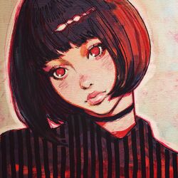  acrylic_paint_(medium) bad_id bad_tumblr_id blunt_bangs bob_cut brown_hair canvas_(medium) choker commentary english_commentary female head_tilt ilya_kuvshinov marker_(medium) original painting_(medium) photo_(medium) portrait red_eyes short_hair solo traditional_media 