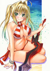  aestus_estus ahoge bad_id bad_pixiv_id beach bead_bracelet beads bikini blonde_hair blush bracelet breasts closed_mouth commentary_request criss-cross_halter earrings fate/grand_order fate_(series) female green_eyes hair_intakes halterneck jewelry large_breasts long_hair looking_at_viewer marker_(medium) navel nero_claudius_(fate) nero_claudius_(swimsuit_caster)_(fate) sand side-tie_bikini_bottom sitting smile solo striped_bikini striped_clothes swimsuit sword traditional_media twintails water weapon yuto_takumi 