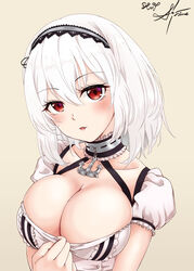  anchor_choker azur_lane blush breasts choker cleavage clothes_pull collarbone commentary_request dress_pull female frilled_choker frills grey_background hair_between_eyes hairband head_tilt lace-trimmed_hairband lace_trim large_breasts looking_at_viewer parted_lips puffy_sleeves pulling_own_clothes red_eyes short_hair short_sleeves sidelocks signature simple_background sirius_(azur_lane) smile solo souen_hiro white_hair 