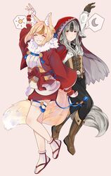  2girls animal_ears arm_up bad_id bad_twitter_id belt black_hair black_pants blonde_hair boots brown_footwear brown_gloves brown_hair cloak closed_eyes closed_mouth commentary corset fingerless_gloves fire_emblem fire_emblem_fates fox_ears fox_tail full_body gloves grey_hair grey_tail grin hair_ornament highres hood hood_up hooded_cloak japanese_clothes long_hair long_sleeves multicolored_hair multiple_girls nya_deko pants selkie_(fire_emblem) short_hair simple_background smile streaked_hair tail velouria_(fire_emblem) white_gloves white_legwear wolf_ears wolf_tail 