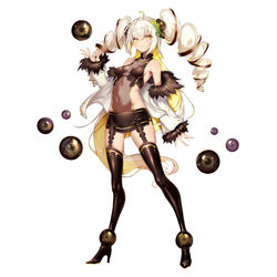  absurdres ahoge armpit_crease ass_visible_through_thighs bare_shoulders black_skirt black_thighhighs blonde_hair blush breasts caviar character_request chinese_commentary closed_mouth commentary_request covered_navel cuisine_dimension female floating full_body fur_trim high_heels highres jewelry long_hair miniskirt multicolored_hair navel necklace platinum_blonde_hair see-through shanyao_jiang_tororo short_eyebrows simple_background skirt solo standing thighhighs twintails white_background yellow_eyes 