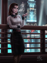  2016 artstation_sample bad_source belt bioshock_(series) bioshock_infinite black_skirt blue_eyes breasts brown_hair building cigarette collared_shirt elizabeth_(bioshock_infinite) female fishnet_pantyhose fishnets highres holding image_sample indoors long_skirt long_sleeves medium_breasts pantyhose parted_lips pencil_skirt photoshop_(medium) railing realistic sciamano240 shirt signature skirt smoke smoking solo spotlight standing white_shirt 