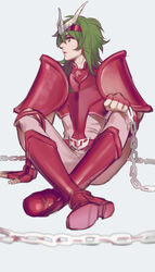  1boy andromeda_shun armor boots chains clenched_hand commentary_request emg_(christain) green_eyes green_hair hand_on_own_knee highres indian_style knee_boots male_focus parted_lips photoshop_(medium) saint_seiya simple_background sitting solo 