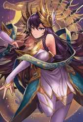  alternate_costume armpit_crease armpits bare_shoulders blue_eyes blurry blurry_background braid breasts closed_mouth commentary_request detached_sleeves divine_sword_irelia dragon female fighting_stance floating floating_object floating_sword floating_weapon hair_ornament hella_p highres irelia large_breasts league_of_legends long_hair looking_at_viewer nail_polish photoshop_(medium) purple_background purple_hair shiny_skin sleeves_past_wrists solo sword thighhighs twin_braids weapon zettai_ryouiki 