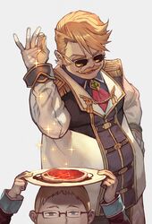  2boys blonde_hair commentary epaulettes facial_hair fat fate/grand_order fate_(series) food glasses gloves goredolf_musik highres holding holding_plate jeancle_abel_meuniere lack male_focus meat meme moustache multiple_boys necktie plate salt_bae_(meme) solo_focus sunglasses white_gloves 