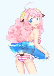  ahoge animal_ears ass ass_focus bikini blue_eyes blue_innertube blush female flat_ass innertube kyuuri_(miyako) long_hair looking_at_viewer looking_back moa_(show_by_rock!!) open_mouth pink_hair sheep_ears sheep_tail short_tail show_by_rock!! simple_background smile solo star_(symbol) striped_bikini striped_clothes swim_ring swimsuit tail 