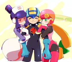  00s 1boy 2girls arm_holding artist_request blue_bodysuit blue_gloves blush bodysuit capcom glasses gloves green_eyes hat headdress heart helmet highres jealous locked_arms medi multiple_girls nurse_cap pink_eyes pout purple_hair red_eyes robot rockman rockman_exe rockman_exe_(character) roll_exe 