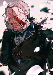  1boy blood blood_on_face bow bowtie butler chinese_commentary commentary_request copyright_name dan_evan facial_hair formal frills gloves hair_ribbon hand_on_own_face highres long_hair long_sleeves low_ponytail male_focus moustache petals photoshop_(medium) re:zero_kara_hajimeru_isekai_seikatsu ribbon solo traditional_bowtie tuxedo_shirt white_gloves white_hair wilhelm_(re:zero) 