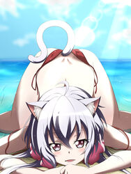  ahoge aki_(yunkana) animal_ears beach bikini blush cat_ears cat_tail commentary_request female grey_hair hair_ornament hair_scrunchie highres long_hair looking_at_viewer ocean off_shoulder open_mouth partially_submerged red_eyes scrunchie senki_zesshou_symphogear side-tie_bikini_bottom smile solo swimsuit tail top-down_bottom-up twintails untied_bikini yukine_chris 