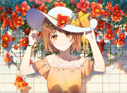  against_wall arms_up bad_id bad_pixiv_id bare_shoulders blush bow breasts brown_eyes brown_hair closed_mouth day female hands_on_headwear hat hat_bow nail_polish omutatsu orange_nails original outdoors short_hair short_sleeves small_breasts smile solo sun_hat trumpet_creeper watch white_hat wristwatch 