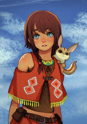  amy_(suisei_no_gargantia) animal animal_on_shoulder bare_shoulders belt blue_eyes blue_sky blush brown_hair cloud commentary_request day female grace_(suisei_no_gargantia) groin hair_between_eyes looking_at_viewer photoshop_(medium) ryonma short_hair sky solo suisei_no_gargantia vest 