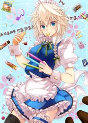  adapted_costume alternate_hair_color apron between_fingers black_panties black_thighhighs blue_background blue_eyes blue_skirt blue_vest blush bow braid breasts bridal_garter candy chips_(food) chocolate chocolate_bar commentary_request crumbs cup_ramen dice doughnut dress eating eyes_visible_through_hair female floral_background food frilled_apron frilled_skirt frills garter_straps hair_between_eyes hairbow highres holding izayoi_sakuya juice looking_at_viewer maid_apron maid_headdress medium_breasts mg_mg mickey_dunn miniskirt mouth_hold panties puffy_short_sleeves puffy_sleeves ribbon shirt short_hair short_sleeves skirt sleeveless sleeveless_dress solo thighhighs touhou twin_braids underwear vest white_shirt wrist_cuffs 