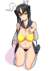  antennae black_hair breasts cleavage commentary_request female high_heels huge_breasts looking_at_viewer navel otoo_(izanagi) seiza sitting solo ultra_kaijuu_gijinka_keikaku ultra_series yellow_eyes zetton 