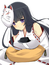  black_hair breasts female japanese_clothes kubota_(oshiro_project) large_breasts long_hair mask miko oshiro_project pillow purple_eyes ribbon_trim upper_body 