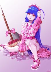  :o alternate_costume blue_hair bow broom bucket chinese_commentary commentary_request crusaders_quest enmaided female hand_up highres long_hair maid maid_headdress panties pantyshot pink_bow pink_eyes pink_footwear pink_panties puddle sitting solo thighhighs underwear very_long_hair wangxiii wet wet_clothes white_thighhighs 