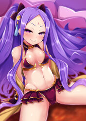  bare_shoulders bikini blush bow breasts cleavage collarbone commentary_request eyeliner facial_mark fate/grand_order fate_(series) female forehead forehead_mark hairbow highres long_hair looking_at_viewer makeup navel parted_bangs photoshop_(medium) purple_bikini purple_bow purple_eyes purple_hair sash sitting small_breasts smile solo spread_legs swimsuit tassel thighs twintails very_long_hair wu_zetian_(fate) wu_zetian_(seaside_luxury)_(fate) yunodon_(sugar_maple) 