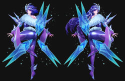  2girls absurdres ass black_background blue_hair bodysuit bridal_gauntlets closed_mouth commentary_request dual_persona eyeshadow floating floating_object floating_sword floating_weapon frostblade_irelia full_body gradient_hair hair_ornament hella_p highres irelia league_of_legends leg_lift light_particles long_hair looking_at_viewer looking_back makeup multicolored_hair multiple_girls off_shoulder photoshop_(medium) pink_eyes purple_bodysuit purple_footwear purple_hair shiny_clothes shoes short_hair simple_background skin_tight smile spiked_hair spikes standing standing_on_one_leg sword tsurime v-shaped_eyebrows weapon winged_footwear 