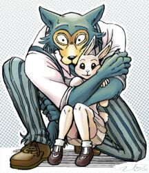  anthro beastars bodily_fluids canid canine canis clothing domestic_rabbit duo dwarf_rabbit female haru_(beastars) hug lagomorph larger_male legoshi_(beastars) leporid looking_at_viewer male mammal netherland_dwarf_rabbit oryctolagus protective rabbit size_difference smaller_female sweat thewill wolf 