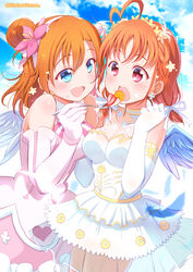  2girls :d :o ahoge alternate_hairstyle angel_wings blue_eyes bokutachi_wa_hitotsu_no_hikari braid breasts cleavage cloud commentary_request day dress earrings elbow_gloves feathered_wings feeding flower food food_on_face gloves hair_bun hair_flower hair_ornament hair_ribbon hands_up heart heart_ahoge heart_print highres in-franchise_crossover jewelry kitahara_tomoe_(kitahara_koubou) kosaka_honoka love_live! love_live!_school_idol_project love_live!_sunshine!! medium_breasts multiple_girls open_mouth orange_hair pink_dress pink_gloves red_eyes ribbon side_braid single_side_bun smile striped_choker takami_chika thank_you_friends!! twitter_username white_dress white_gloves white_ribbon white_wings wings 