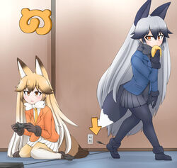  2girls animal_ears arm_at_side arrow_(symbol) black_bow black_bowtie black_footwear black_gloves black_hair black_necktie black_skirt blazer blonde_hair blush bow bowtie brown_eyes brown_footwear brown_gloves commentary_request controller electric_plug electrical_outlet ezo_red_fox_(kemono_friends) food fox_ears fox_tail fur_trim game_controller gamepad gloves grey_hair hair_between_eyes highres holding holding_food jacket japari_bun japari_symbol kagura_roku kemono_friends loafers long_hair long_sleeves multicolored_hair multiple_girls necktie on_floor pantyhose parted_lips playing_games pleated_skirt shoes silhouette silver_fox_(kemono_friends) sitting skirt tail unplugged very_long_hair walking wariza white_bow white_bowtie white_hair white_skirt yellow_bow yellow_necktie 