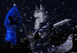  anthro armello armor canid canine canis clothed clothing fd-caro flag fur grey_body grey_fur league_of_geeks male mammal melee_weapon night snow snowing solo sword thane_(armello) weapon wolf yellow_eyes 