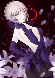  artoria_pendragon_(fate) ass backless_outfit bare_back blonde_hair breasts commentary_request covered_nipples elbow_gloves fate/grand_order fate/stay_night fate_(series) female flower gloves highres illusionk looking_at_viewer looking_back medium_breasts saber_alter sideboob solo yellow_eyes 